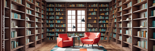 Low poly vector home library with bookshelves reading chair and lamp in cozy study room