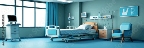 Low poly vector hospital room with bed monitor drip and chair clean clinical setting