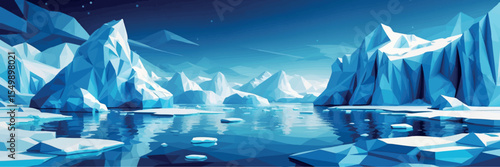 Low poly vector icy Arctic landscape with floating icebergs and polygonal sea
