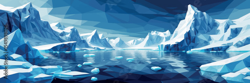 Low poly vector icy Arctic landscape with floating icebergs and polygonal sea
