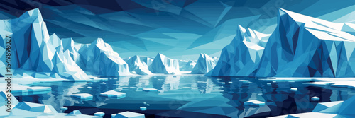 Low poly vector icy Arctic landscape with floating icebergs and polygonal sea