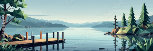 Low poly vector serene lake scene with dock trees reflections and distant hills