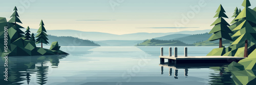 Low poly vector serene lake scene with dock trees reflections and distant hills