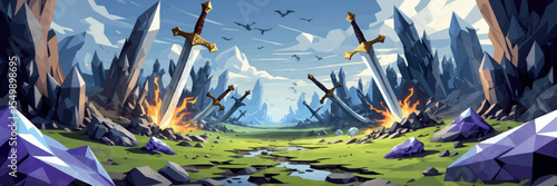 Low poly vector mythical battlefield with broken swords elemental energy and crystal craters vector-friendly