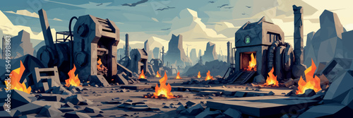 Low poly vector post-apocalyptic wasteland with broken machines fire pits and polygonal ruins