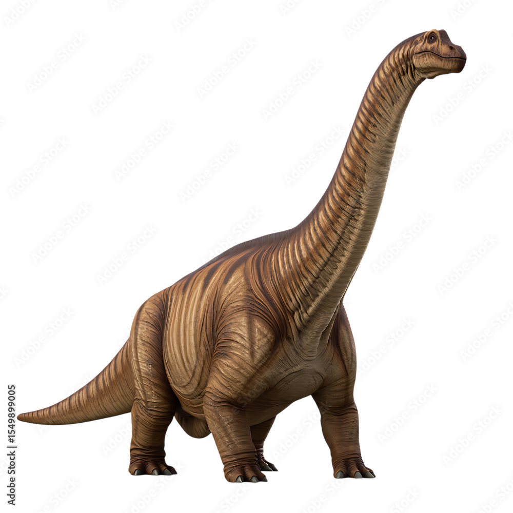 Fototapeta premium Realistic brown brachiosaurus dinosaur with long neck standing on a black background