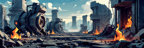 Low poly vector post-apocalyptic wasteland with broken machines fire pits and polygonal ruins