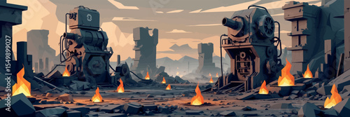 Low poly vector post-apocalyptic wasteland with broken machines fire pits and polygonal ruins