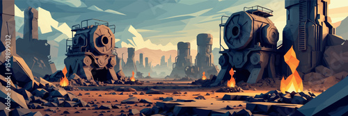 Low poly vector post-apocalyptic wasteland with broken machines fire pits and polygonal ruins