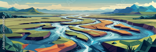 Low poly vector river delta with winding channels flatland and distant mountains