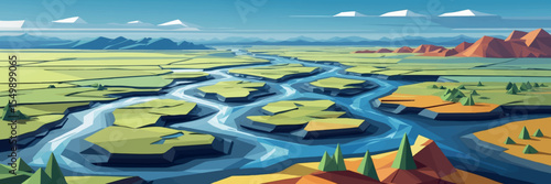 Low poly vector river delta with winding channels flatland and distant mountains