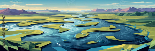 Low poly vector river delta with winding channels flatland and distant mountains