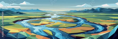 Low poly vector river delta with winding channels flatland and distant mountains