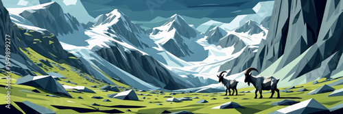 Low poly vector tundra scene with mossy polygonal ground mountain goats and cliffs
