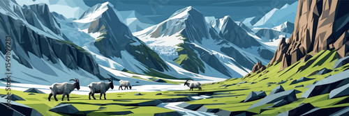 Low poly vector tundra scene with mossy polygonal ground mountain goats and cliffs