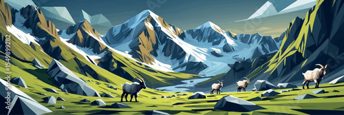 Low poly vector tundra scene with mossy polygonal ground mountain goats and cliffs