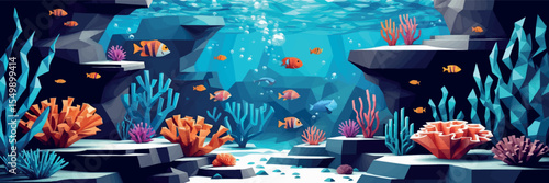 Low poly vector underwater scene with coral reef tropical fish and geometric plants