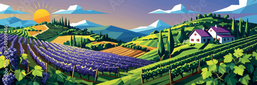 Low poly vector vineyard hills with grape vines farmhouse and sun in wine palette