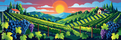 Low poly vector vineyard hills with grape vines farmhouse and sun in wine palette