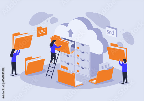 flat vector of A vector illustration depicting a cloud storage concept with four stylized people interacting with large orange folders and a cloud-shaped archive