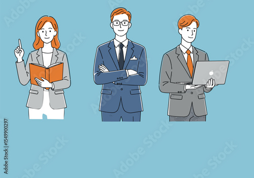 Confident Business Team: Professionals Presenting, Standing Firmly, and Working on a Laptop.