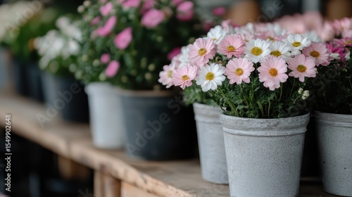 Wallpaper Mural A charming display of potted flowers in pink and white, beautifully arranged in pots, conveying a sense of freshness, nature, and cheerful aesthetics in an inviting environment. Torontodigital.ca