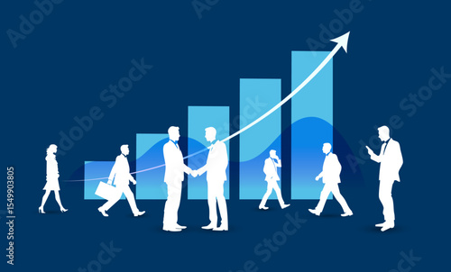 crescita, successo, grafico freccia, economia, istogrammi, statistiche, persone, colleghi, uomini d'affari