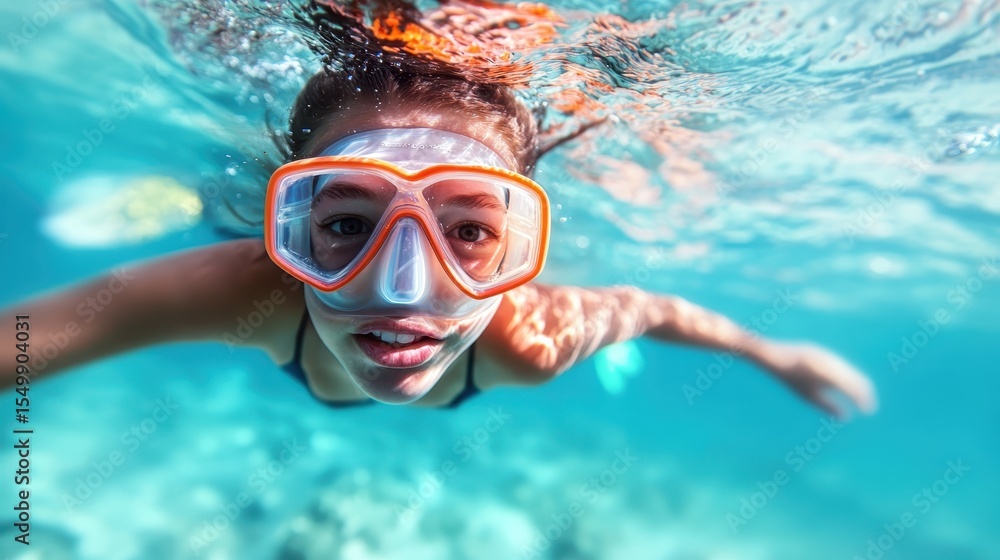 Naklejka premium A young girl with snorkeling gear swims gracefully underwater, exploring the vibrant marine life in crystal-clear ocean waters, radiating a sense of adventure and curiosity.