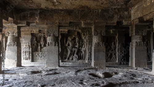 Ancient Indian Cave Temple Interior with Sculptures