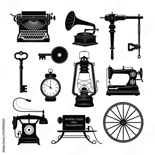 Black Silhouette Vintage Objects Collection Typewriter Gramophone Keys Clock