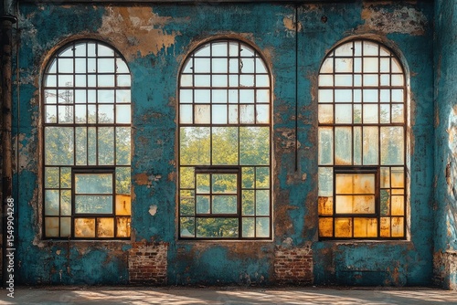 Three arched windows in a dilapidated, blue-painted industrial building. Use as background for creative projects showing abandonment,decay or beauty.