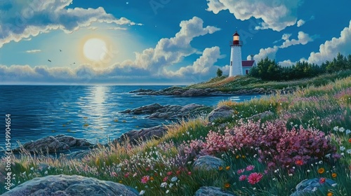 Coastal scene with a lighthouse at twilight.