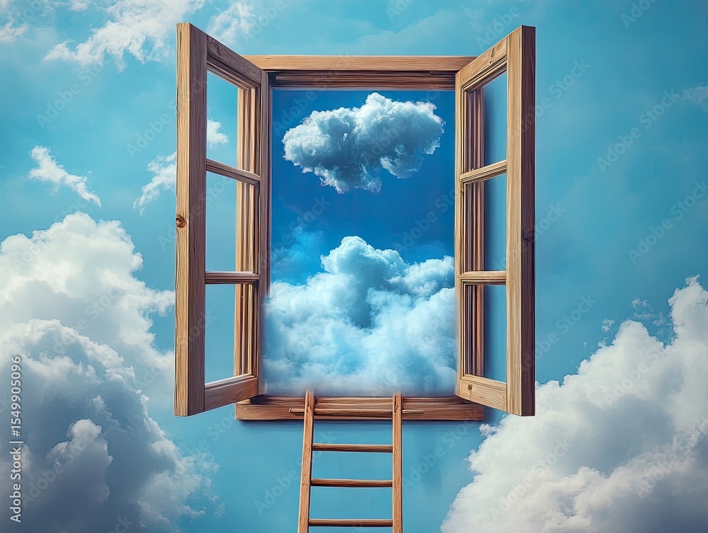 Wooden window opens to a sky filled with clouds and a ladder reaching up Wooden window opens to a sky filled with clouds and a ladder reaching up