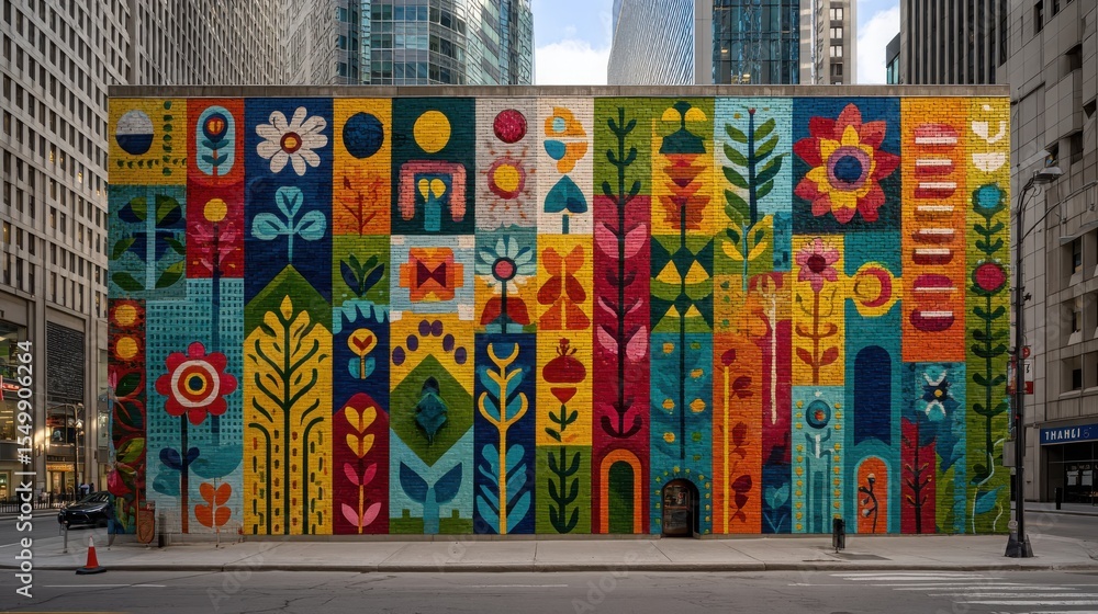 Fototapeta premium Striking Urban Mural with Colorful Abstract Art in Bustling City Setting Promoting Artistic Expression and Community Connection