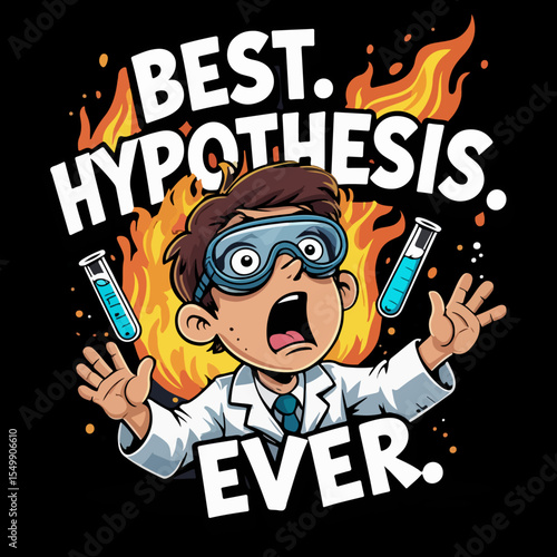 A cartoon boy scientist in a fiery experiment exclaims best hypothesis ever