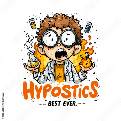 A cartoon boy scientist conducts a fiery experiment, cheerfully exclaiming best hypothesis ever