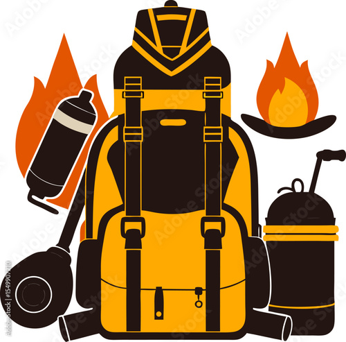 "Wildland firefighter backpack and gear on ground, silhouette style, vector" on a white background