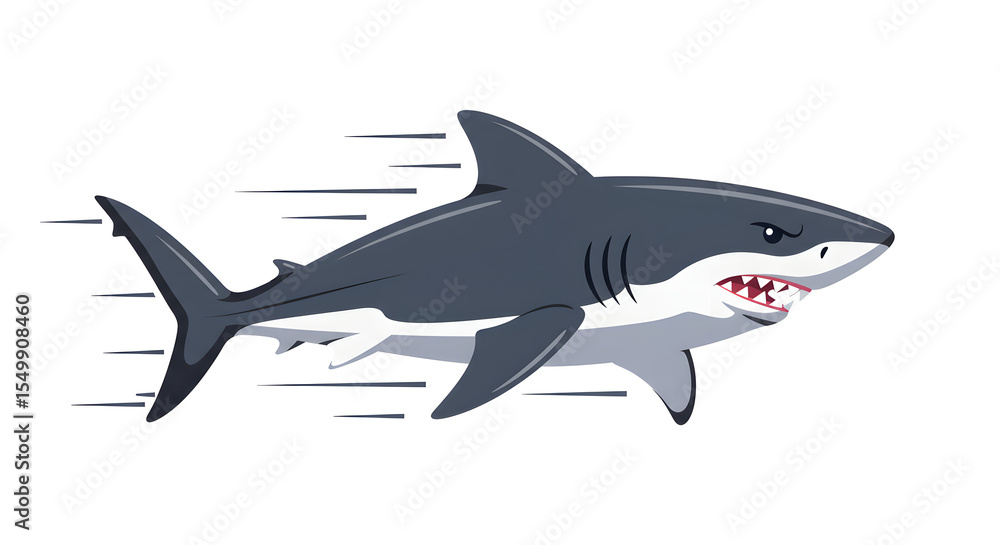 Obraz premium A fierce great white shark swims swiftly, its jaws agape, against a white background.