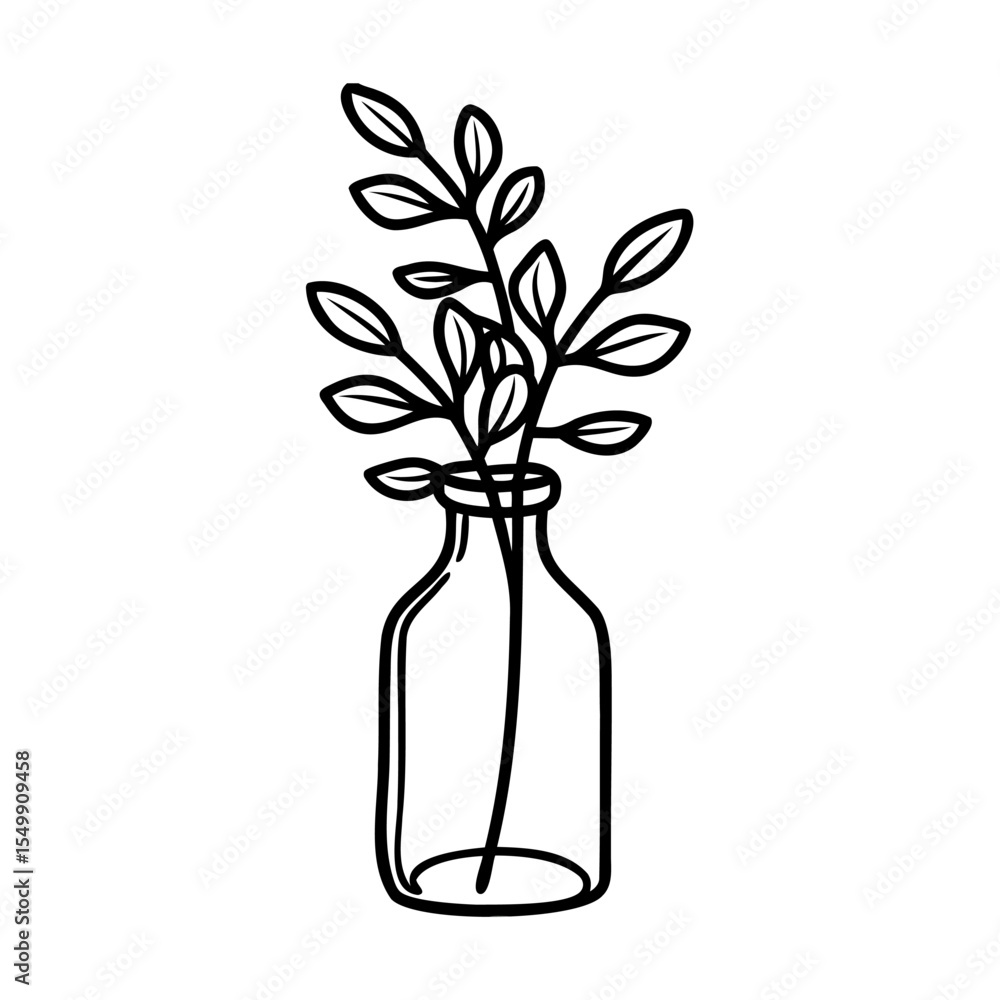 Obraz premium Black and White Line Drawing of Branches in Glass Bottle