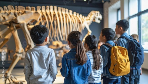 A group of students looking at a dinosaur skeleton in museum .Generated image