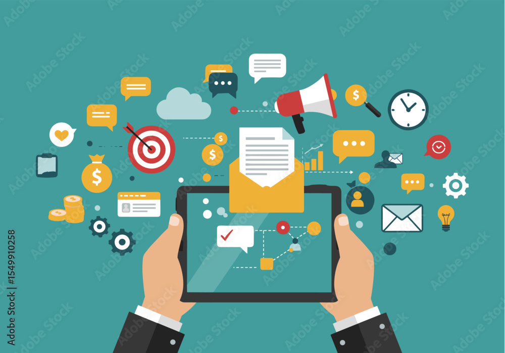 An illustration depicting digital marketing and communication, featuring a tablet held by hands with an email envelope and document emerging An illustration depicting digital marketing and communication, featuring a tablet held by hands with an email envelope and document emerging
