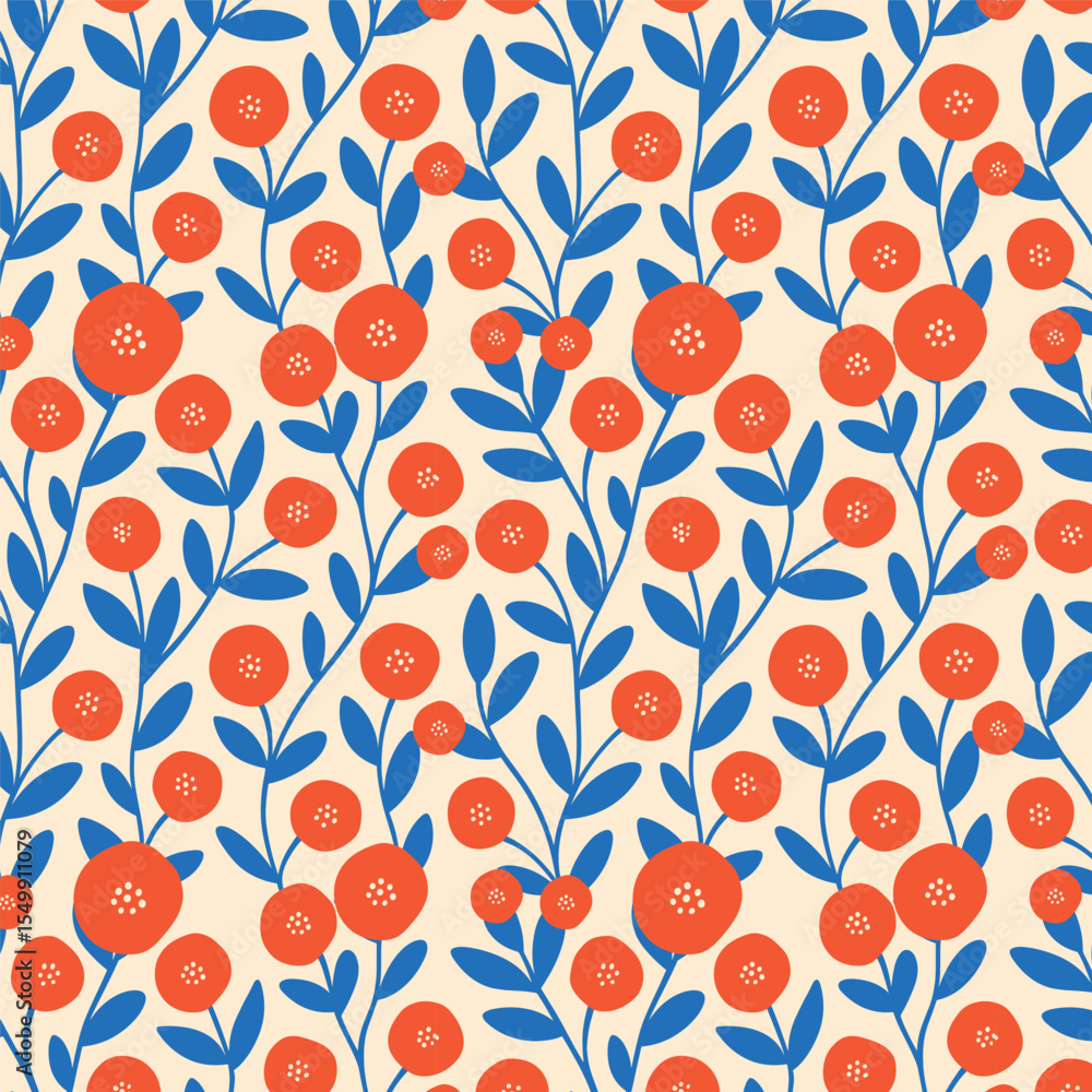 Vector Seamless Floral Background – Red and Blue Minimal Botanical Pattern Vector Seamless Floral Background – Red and Blue Minimal Botanical Pattern