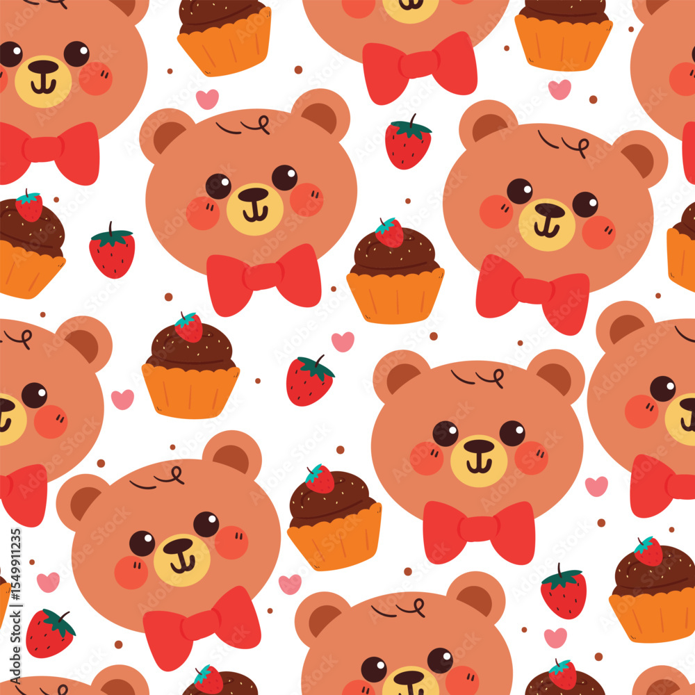 Fototapeta premium cute hand drawing cartoon bear strawberry cupcake seamless pattern. cute animal pattern in white background for gift warp paper and wallpaper