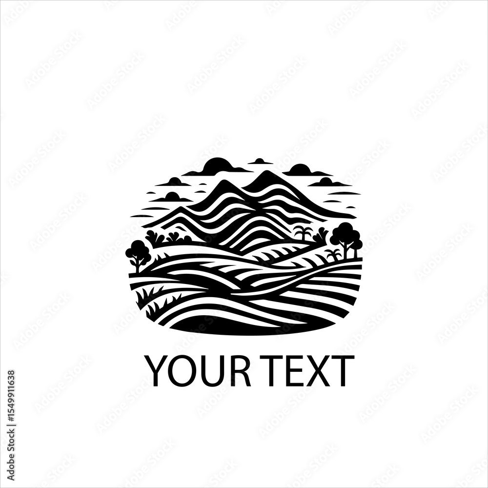 Fototapeta premium Rice Terrace Farming Vector Logo in Black and White Isolated on White Background