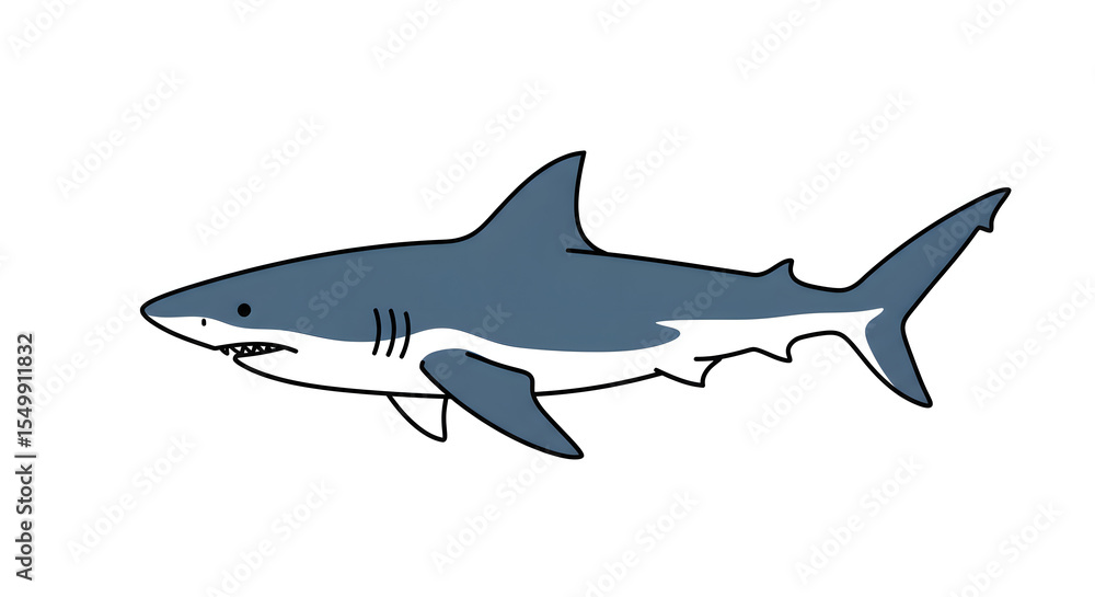 Fototapeta premium Cartoon illustration of a shark swimming, depicted in a simple, flat style with blue and white coloring.