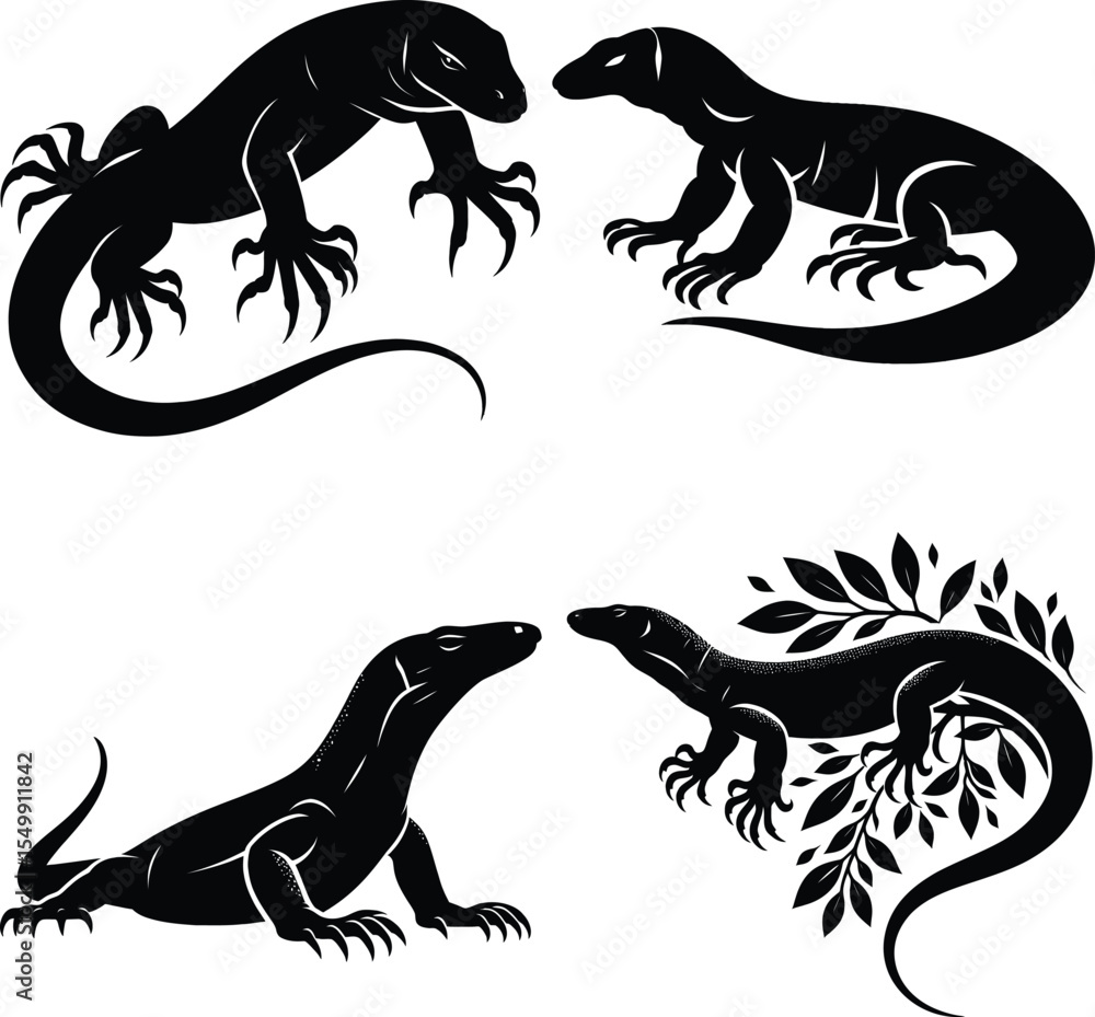 Naklejka premium Monitor Lizard Silhouette Set | Komodo Dragon Vector Art | Reptile Graphic