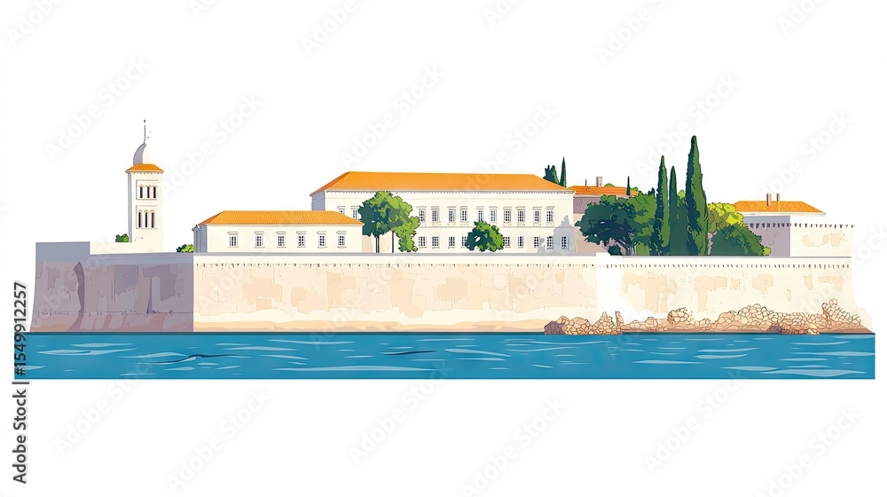 Fototapeta premium European city buildings by the water, with a wall and trees.