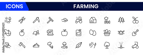 Productive vector web line icons depicting farming, agriculture, crops, livestock, tractors, and sustainable practices for modern farm operations.