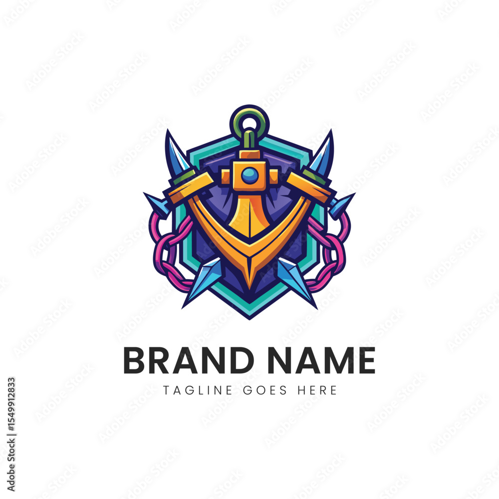 A vibrant and dynamic logo featuring an anchor surrounded by spikes and chains, ideal for a nautical-themed brand or adventure service. A vibrant and dynamic logo featuring an anchor surrounded by spikes and chains, ideal for a nautical-themed brand or adventure service.