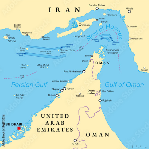 Strait of Hormuz, political map. Provides the only sea passage from Persian Gulf to the open ocean. One of the most strategically important choke points of the world for trading oil and natural gas.